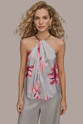 Donna Karan | FLORAL TWIST-NECK HALTER BLOUSE