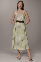 Donna Karan | SLEEVELESS SQUARE NECK PRINTED BELTED MIDI FIT AND FLARE DRESS