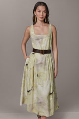 Donna Karan | SLEEVELESS SQUARE NECK PRINTED BELTED MIDI FIT AND FLARE DRESS