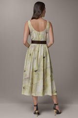 Donna Karan | SLEEVELESS SQUARE NECK PRINTED BELTED MIDI FIT AND FLARE DRESS