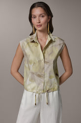 Donna Karan | SLEEVELESS PRINT DRAWSTRING HEM BLOUSE