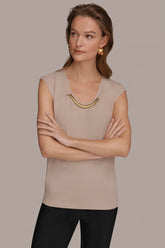 Donna Karan | CAP SLEEVE METALLIC TRIM SWEATER
