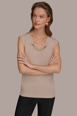 Donna Karan | CAP SLEEVE METALLIC TRIM SWEATER