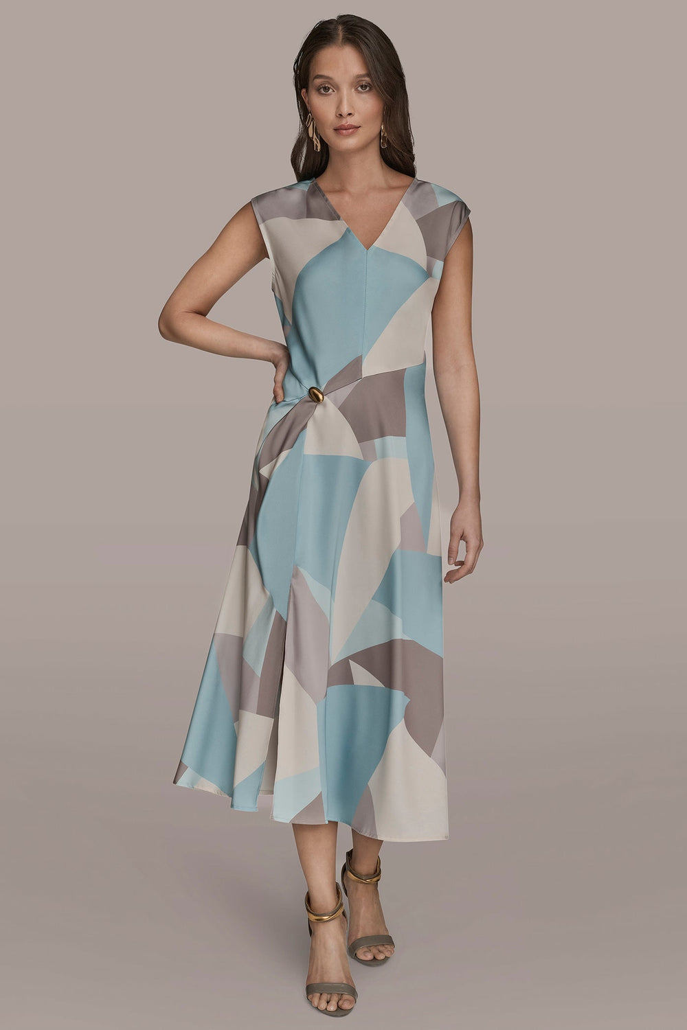 Donna Karan | CAP SLEEVE V-NECK PRINTED MIDI DRESS