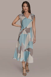 Donna Karan | CAP SLEEVE V-NECK PRINTED MIDI DRESS
