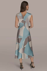 Donna Karan | CAP SLEEVE V-NECK PRINTED MIDI DRESS