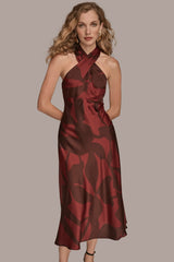 Donna Karan | FLORAL CROSS-FRONT MIDI HALTER DRESS