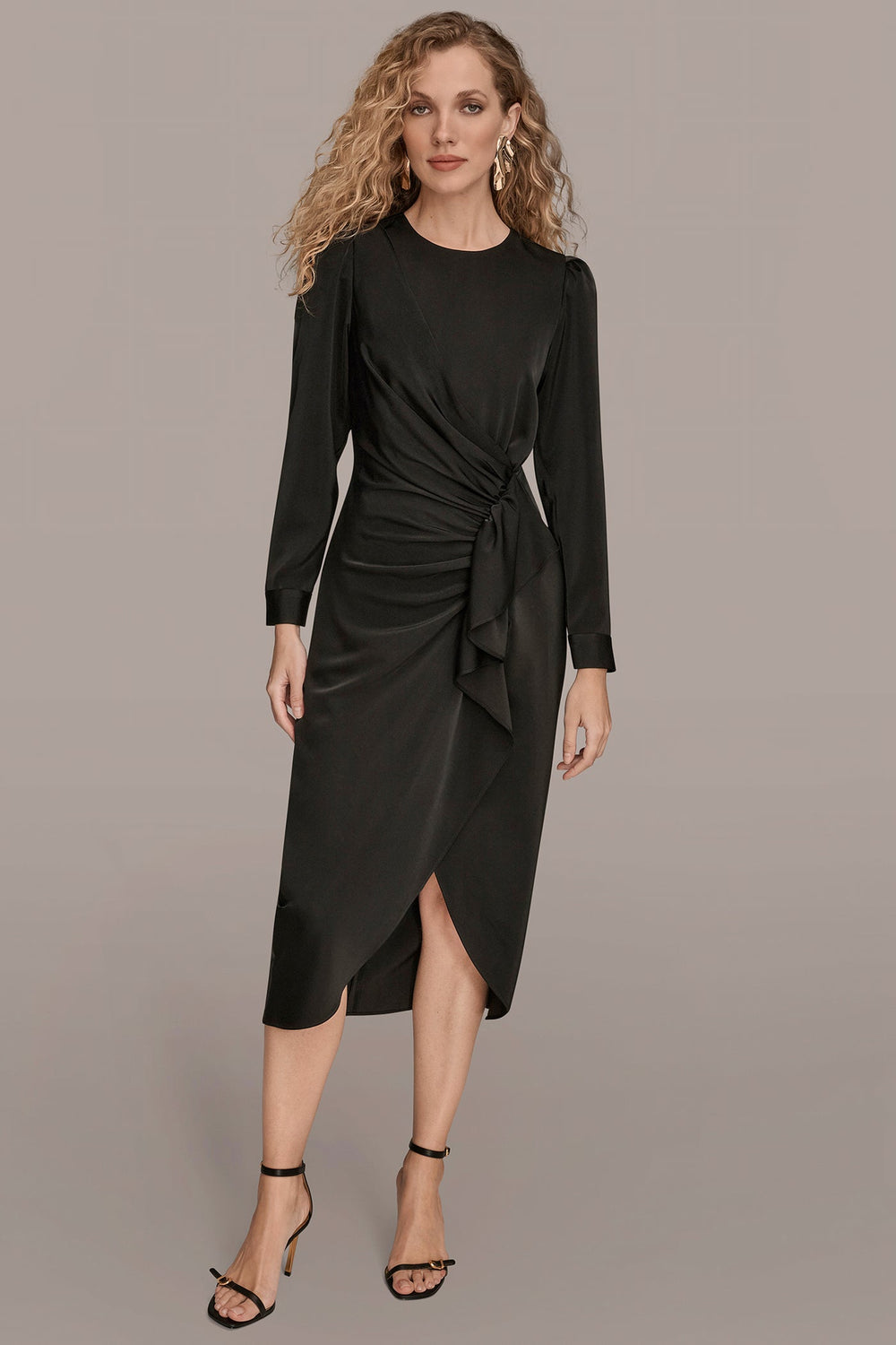 Donna Karan | SATIN LONG SLEEVE RUFFLE MIDI DRESS