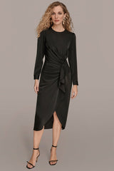 Donna Karan | SATIN LONG SLEEVE RUFFLE MIDI DRESS