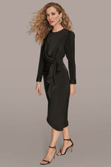 Donna Karan | SATIN LONG SLEEVE RUFFLE MIDI DRESS