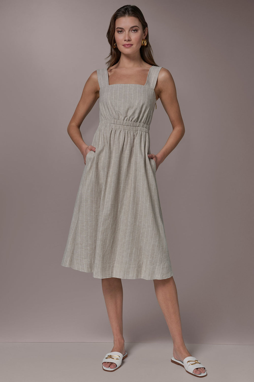 Donna Karan | LINEN-BLEND PINSTRIPE CUTOUT MIDI DRESS