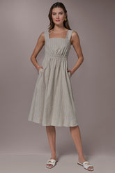Donna Karan | LINEN-BLEND PINSTRIPE CUTOUT MIDI DRESS