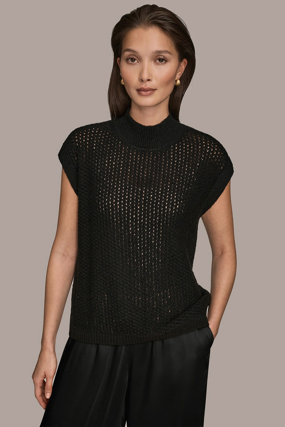 Donna Karan | SLEEVELESS MOCK-NECK OPEN STITCH SWEATER