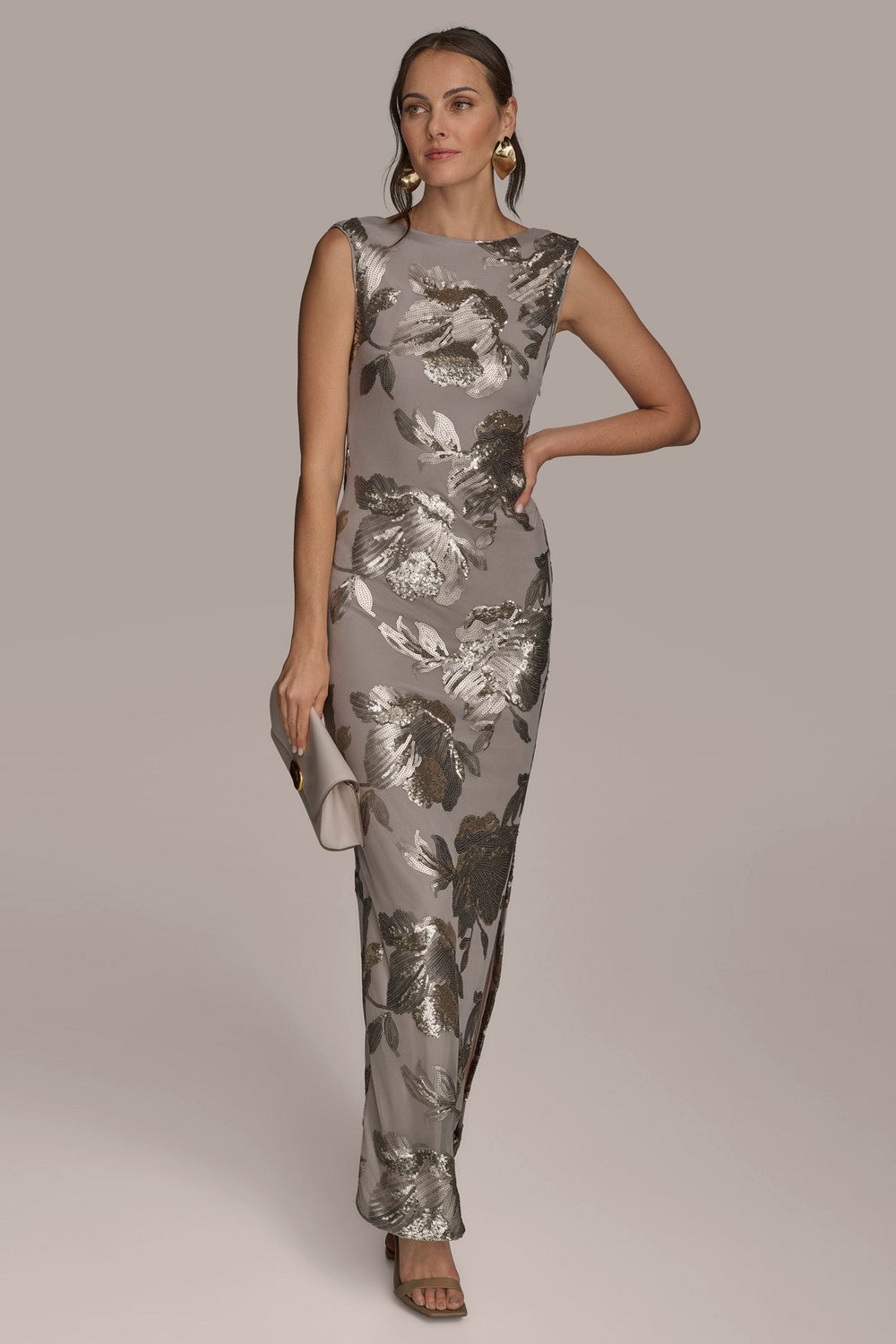 Donna Karan | SLEEVELESS FLORAL SEQUIN COWL-BACK GOWN