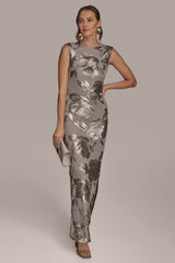 Donna Karan | SLEEVELESS FLORAL SEQUIN COWL-BACK GOWN