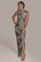 Donna Karan | SLEEVELESS FLORAL SEQUIN COWL-BACK GOWN