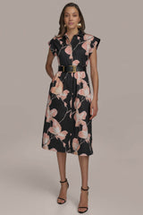 Donna Karan | SATEEN CAP SLEEVE PRINTED SHIRT DRESS