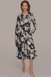 Donna Karan | PRINTED LONG-SLEEVE BUTTON-FRONT DRESS