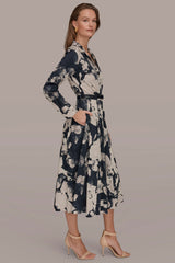Donna Karan | PRINTED LONG-SLEEVE BUTTON-FRONT DRESS