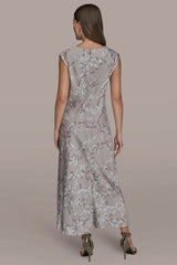 Donna Karan | CAP SLEEVE V-NECK PRINTED MIDI DRESS