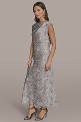 Donna Karan | CAP SLEEVE V-NECK PRINTED MIDI DRESS