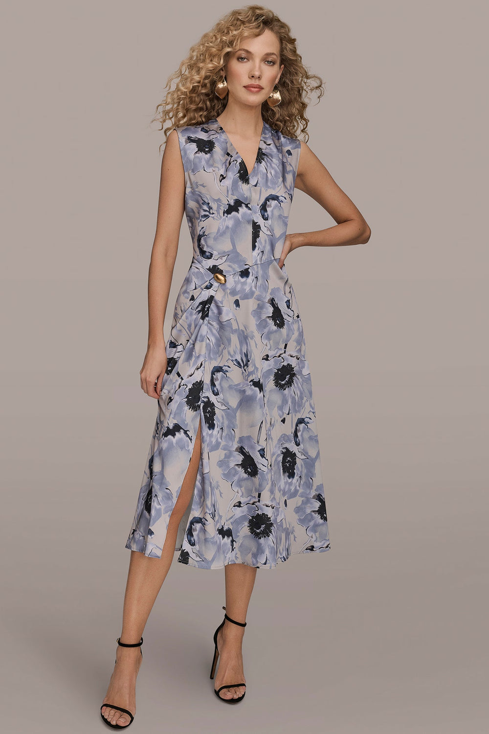 Donna Karan | CAP SLEEVE V-NECK PRINTED MIDI DRESS