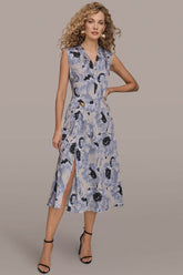 Donna Karan | CAP SLEEVE V-NECK PRINTED MIDI DRESS
