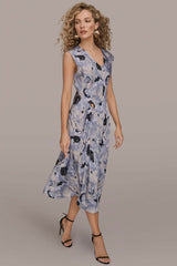 Donna Karan | CAP SLEEVE V-NECK PRINTED MIDI DRESS