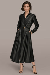 Donna Karan | LONG SLEEVE FAUX LEATHER MIDI SHIRT DRESS