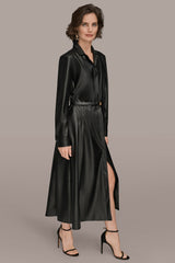 Donna Karan | LONG SLEEVE FAUX LEATHER MIDI SHIRT DRESS