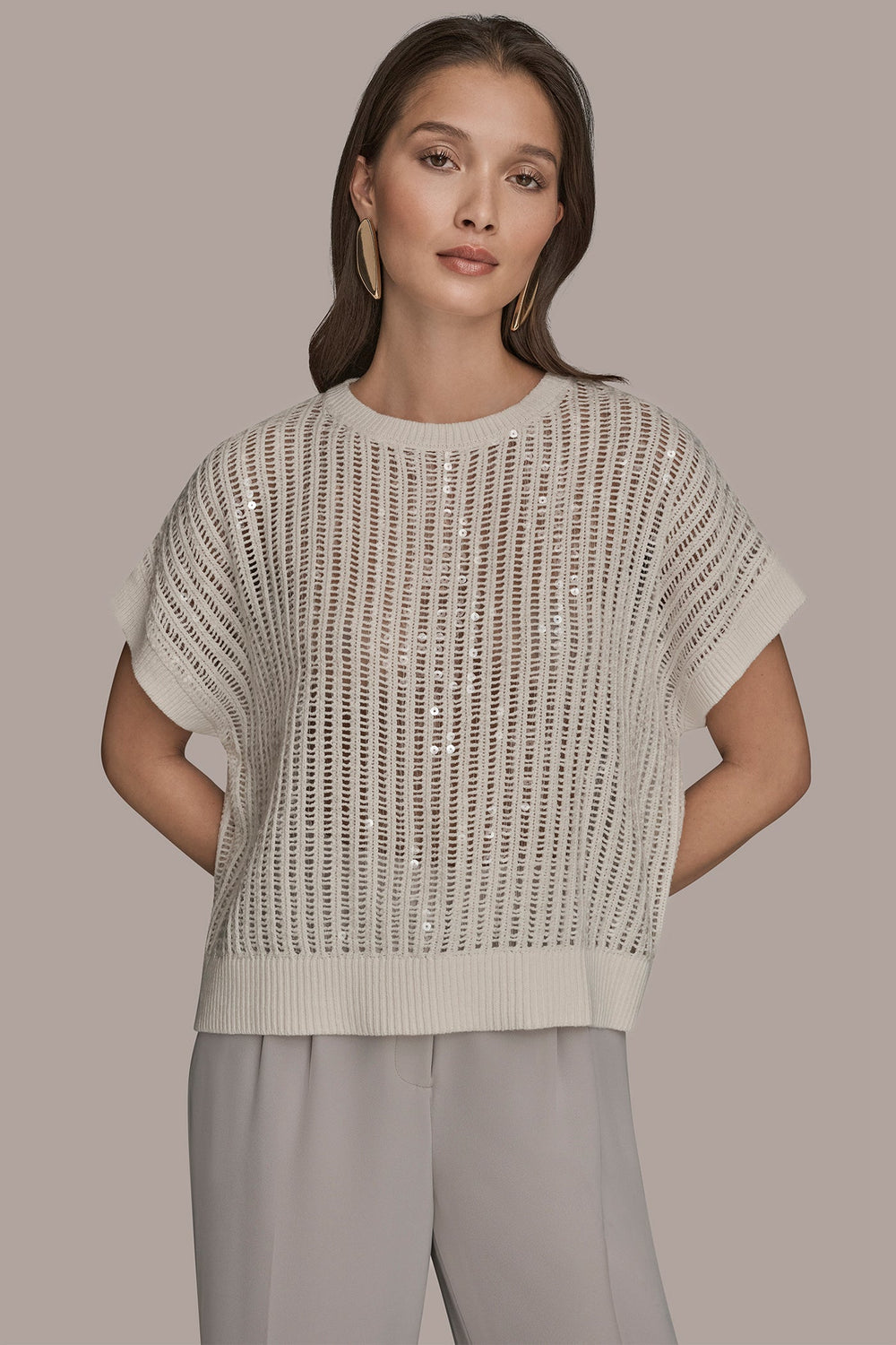 Donna Karan | COTTON-BLEND SEQUIN OPEN-KNIT SWEATER