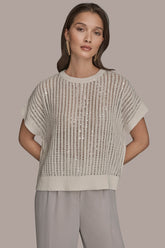 Donna Karan | COTTON-BLEND SEQUIN OPEN-KNIT SWEATER
