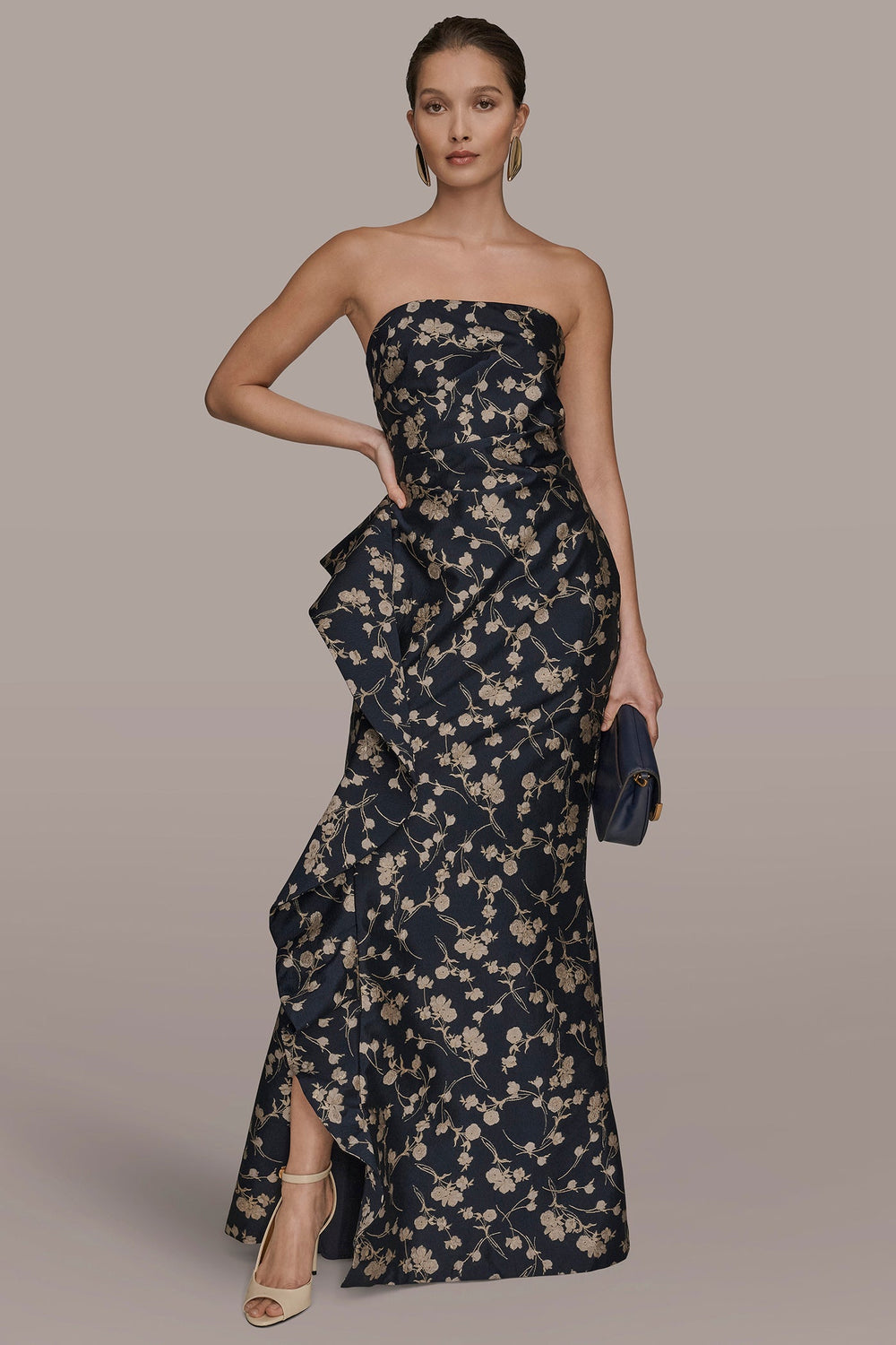Donna Karan | STRAPLESS FLORAL RUFFLED HIGH-SPLIT GOWN