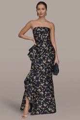 Donna Karan | STRAPLESS FLORAL RUFFLED HIGH-SPLIT GOWN