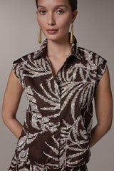 Donna Karan | SLEEVELESS PRINT DRAWSTRING HEM BLOUSE