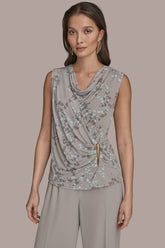 Donna Karan | PRINTED SLEEVELESS COWL-NECK WRAP TOP