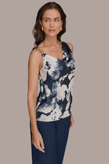 Donna Karan | SATIN FLORAL COWL-NECK CUTOUT SHOULDER CAMI