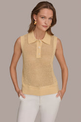 Donna Karan | SLEEVELESS OPEN STITCH POLO SWEATER