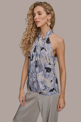 Donna Karan | SATIN PRINTED TWIST HALTER BLOUSE