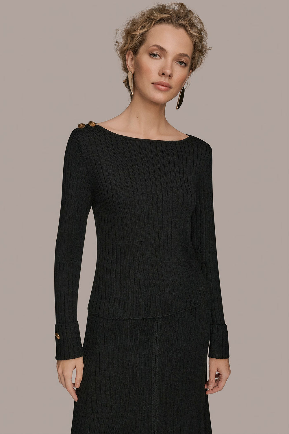 Donna Karan | LONG SLEEVE BOATNECK RIBBED BUTTON SWEATER