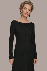 Donna Karan | LONG SLEEVE BOATNECK RIBBED BUTTON SWEATER