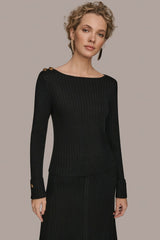 Donna Karan | LONG SLEEVE BOATNECK RIBBED BUTTON SWEATER