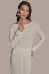 Donna Karan | LONG SLEEVE BOATNECK RIBBED BUTTON SWEATER