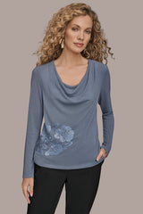 Donna Karan | LONG-SLEEVE COWL-NECK FLORAL TOP