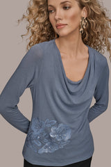 Donna Karan | LONG-SLEEVE COWL-NECK FLORAL TOP