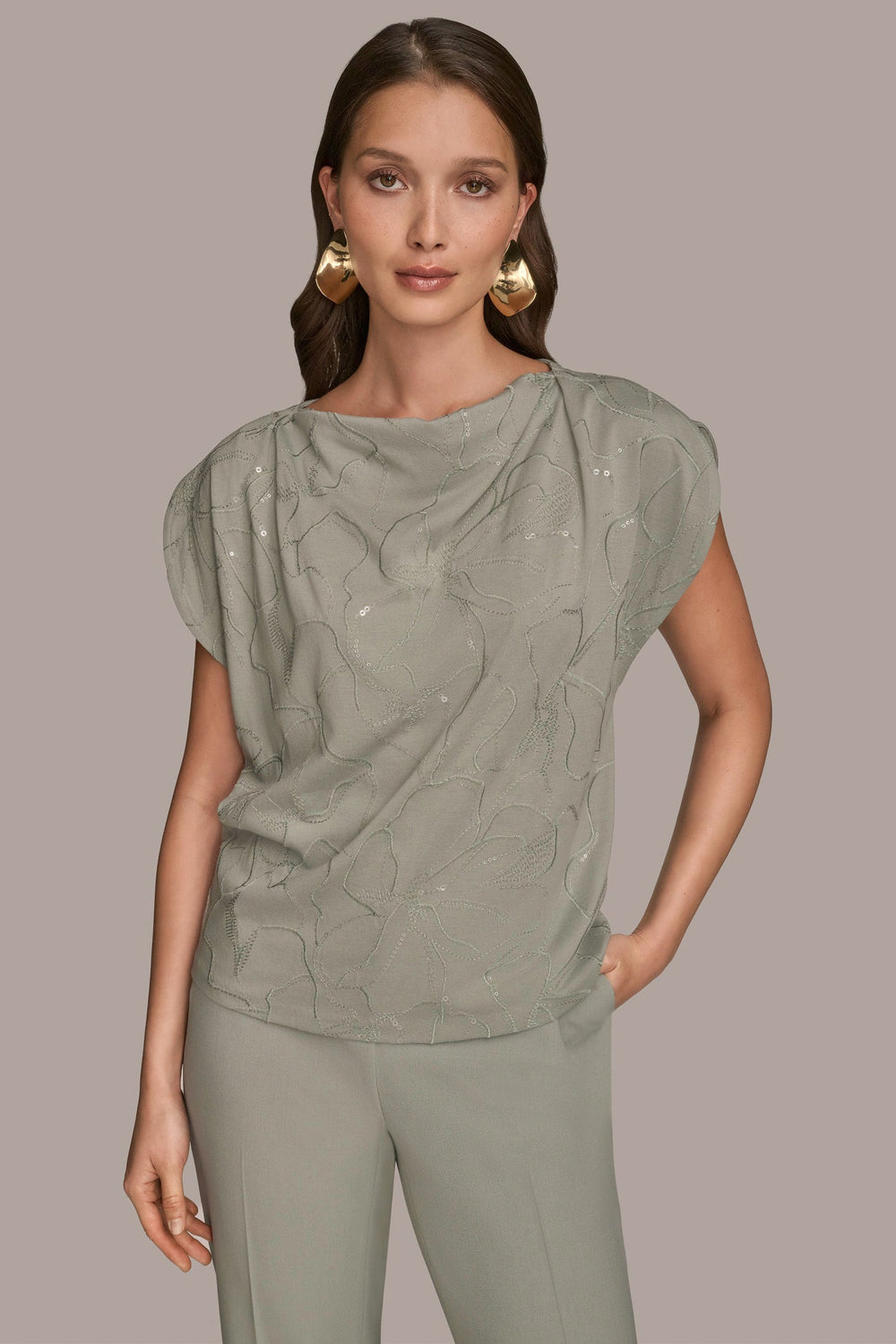 Donna Karan | SHORT SLEEVE COWL-NECK SEQUIN TOP