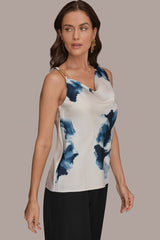 Donna Karan | SATIN FLORAL COWL-NECK CUTOUT SHOULDER CAMI