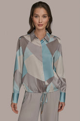 Donna Karan | LONG-SLEEVE PRINTED DRAWSTRING BLOUSE