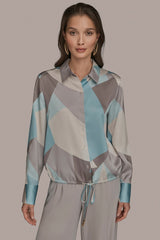 Donna Karan | LONG-SLEEVE PRINTED DRAWSTRING BLOUSE