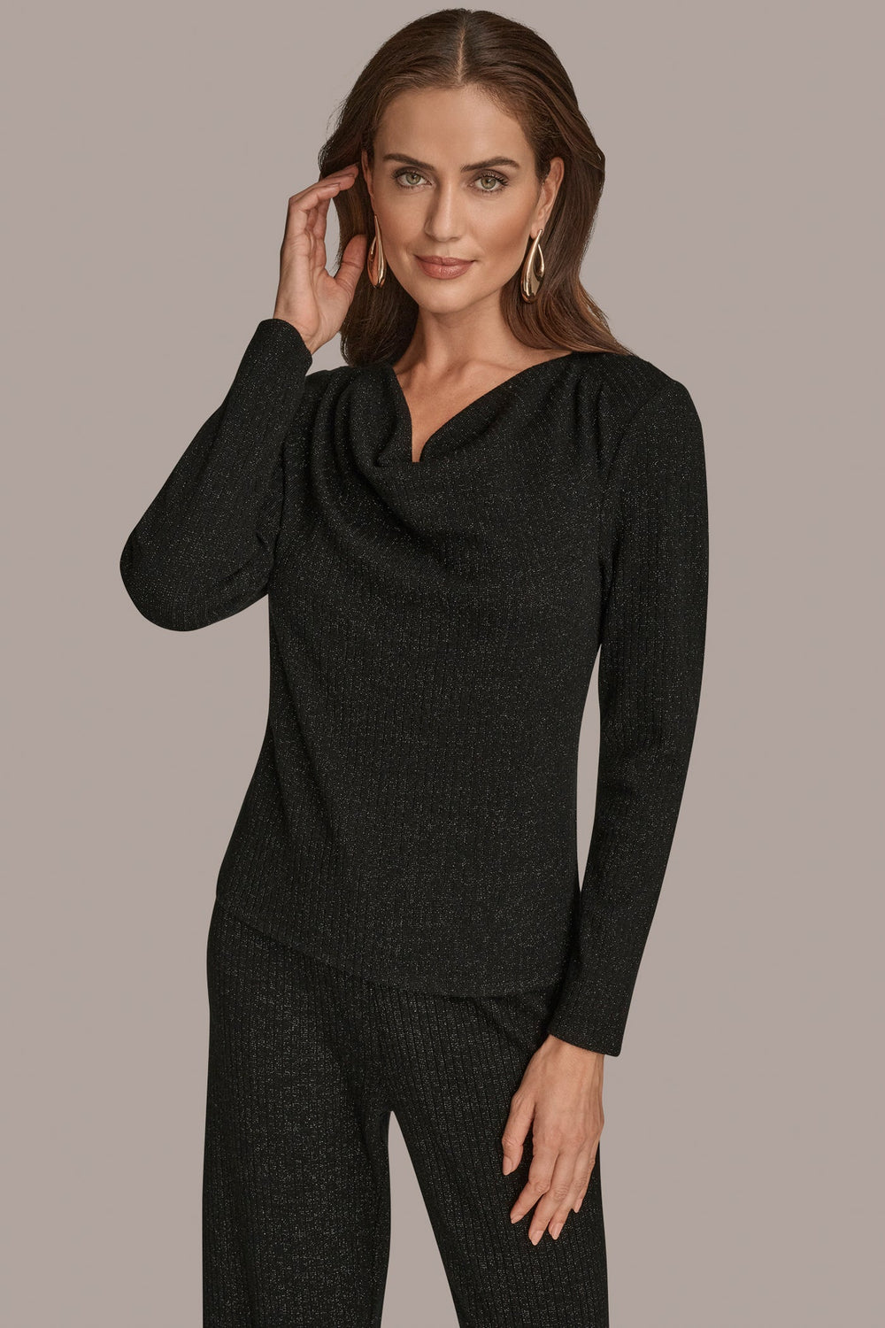 Donna Karan | METALLIC COWL-NECK RIB-KNIT BLOUSE